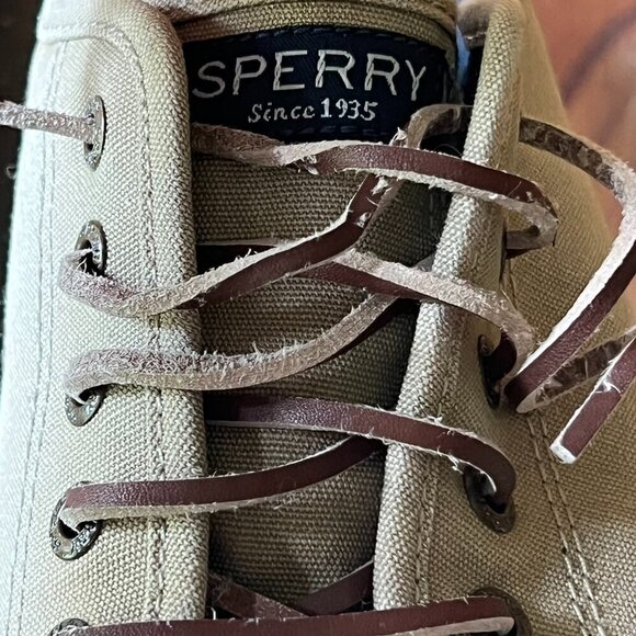 WOMEN'S SPERRY TOP SIDER BOAT SHOES KHAKI CANVAS  LEATHER SHOE STRINGS SZ 7.5 M - Picture 11 of 13